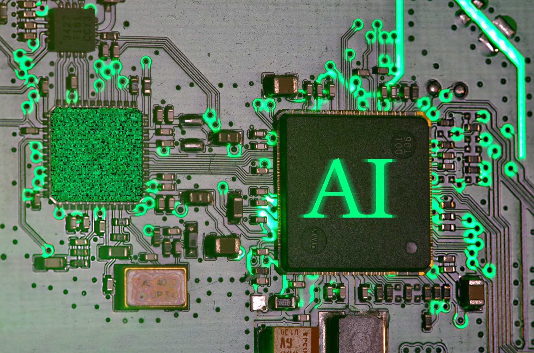 Close-up of a glowing AI chip on a circuit board, symbolizing technological innovation.