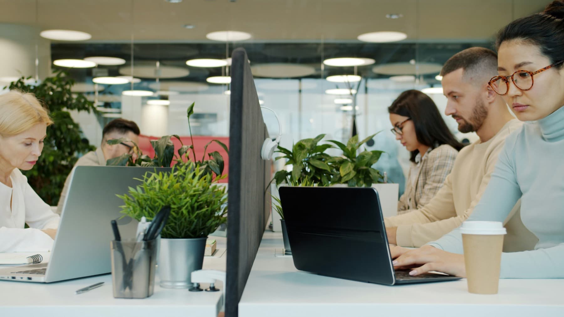 People working with laptops in a modern office