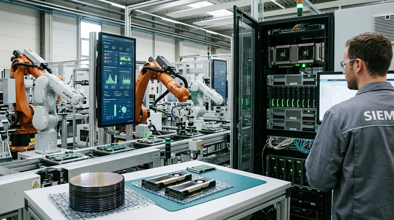Línea de producción automatizada con robótica y gemelos digitales en la planta de Siemens en Erlangen