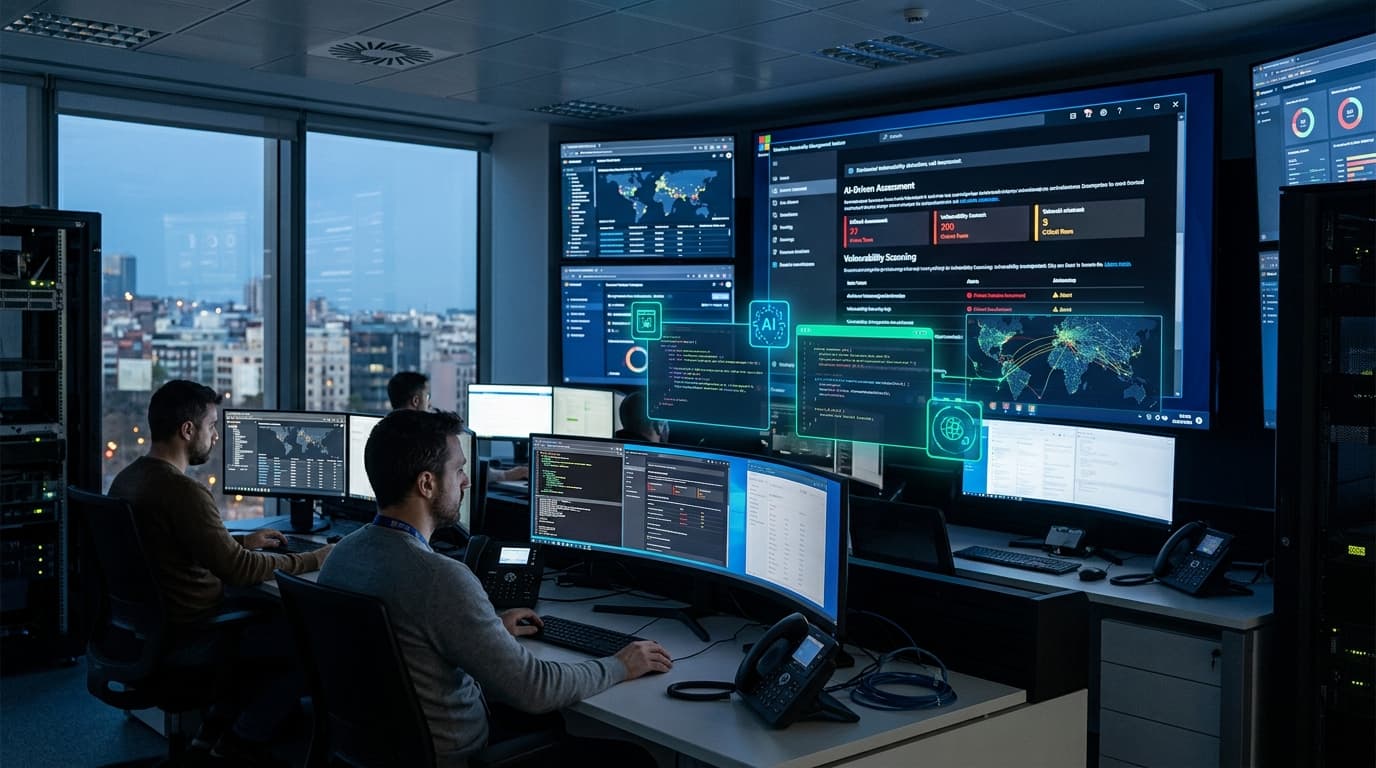 Abstract representation of AI analyzing security vulnerabilities in a digital environment.