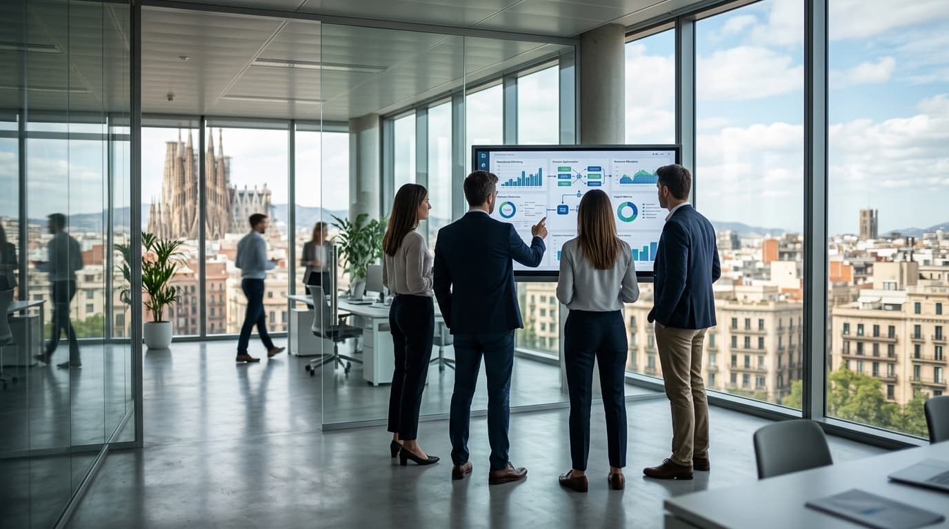 Modern office with screens showing data dashboards, illustrating applied AI in companies' operational work