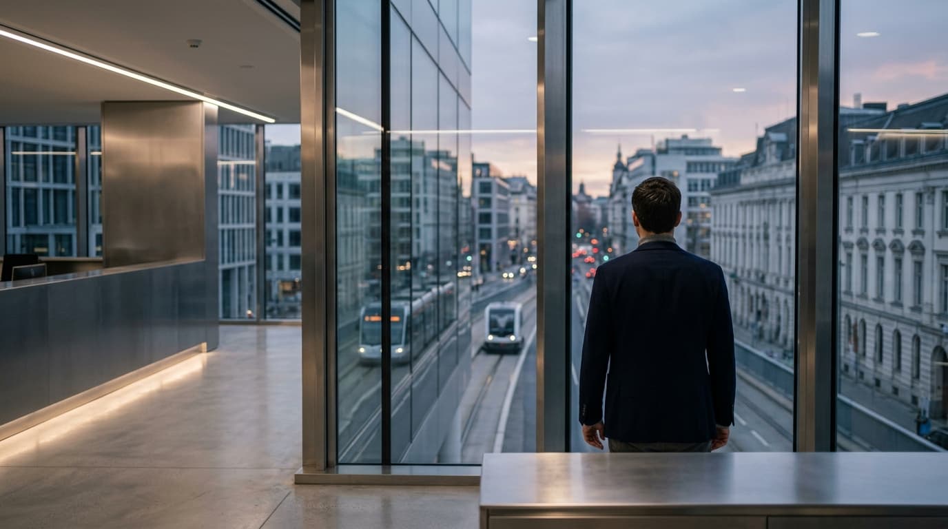 Vehículo autónomo circulando por una calle urbana moderna con edificios futuristas y personas.