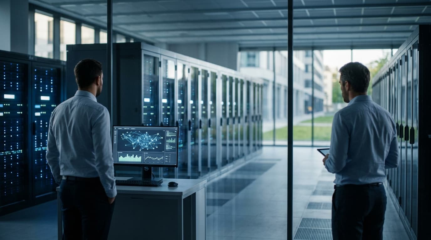 Representació futurista d'un gran centre de dades, amb racks de servidors lluminosos i elements de disseny energèticament eficients, amb la bandera francesa i el logotip de SoftBank de fons, simbolitzant la massiva inversió en infraestructura d'IA.