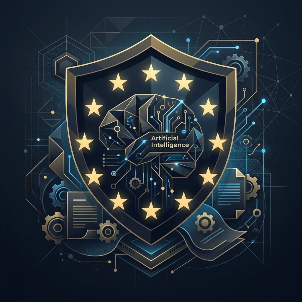 Visual representation of the EU AI Act with regulatory and technology elements, highlighting clarity and new deadlines for businesses in Barcelona and Europe.