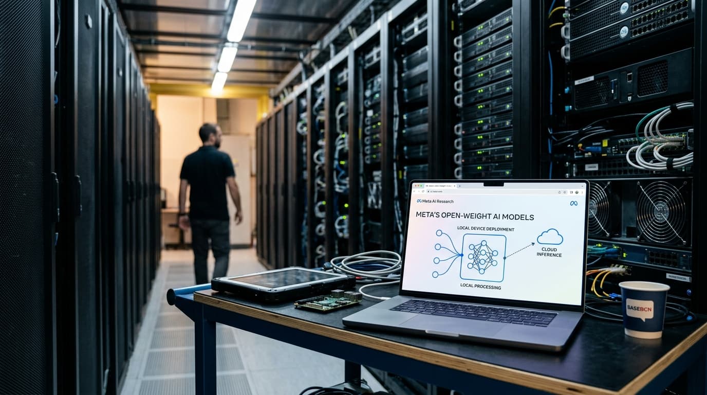 Representació abstracta de models d'IA executant-se en diversos dispositius locals, com ara ordinadors portàtils, telèfons intel·ligents i dispositius d'avantguarda, connectats per una xarxa de flux de dades.