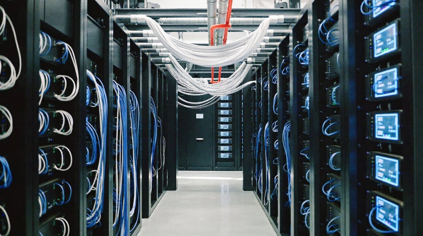 Datacenter aisle with server racks, network cabling and cooling pipework.