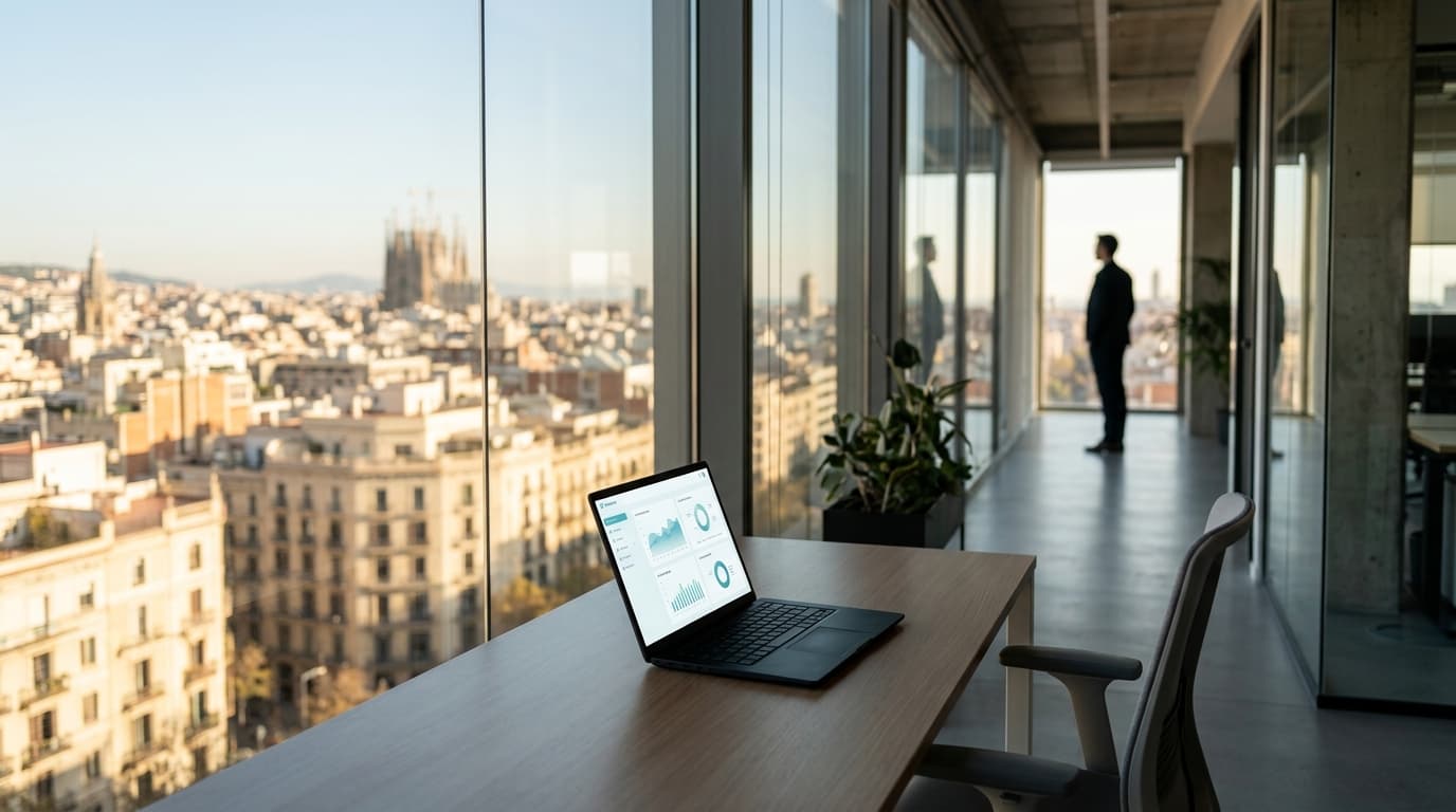 Il·lustració d'un hotel modern amb elements d'interfície d'usuari d'intel·ligència artificial superposats, representant la integració d'IA en la gestió hotelera.