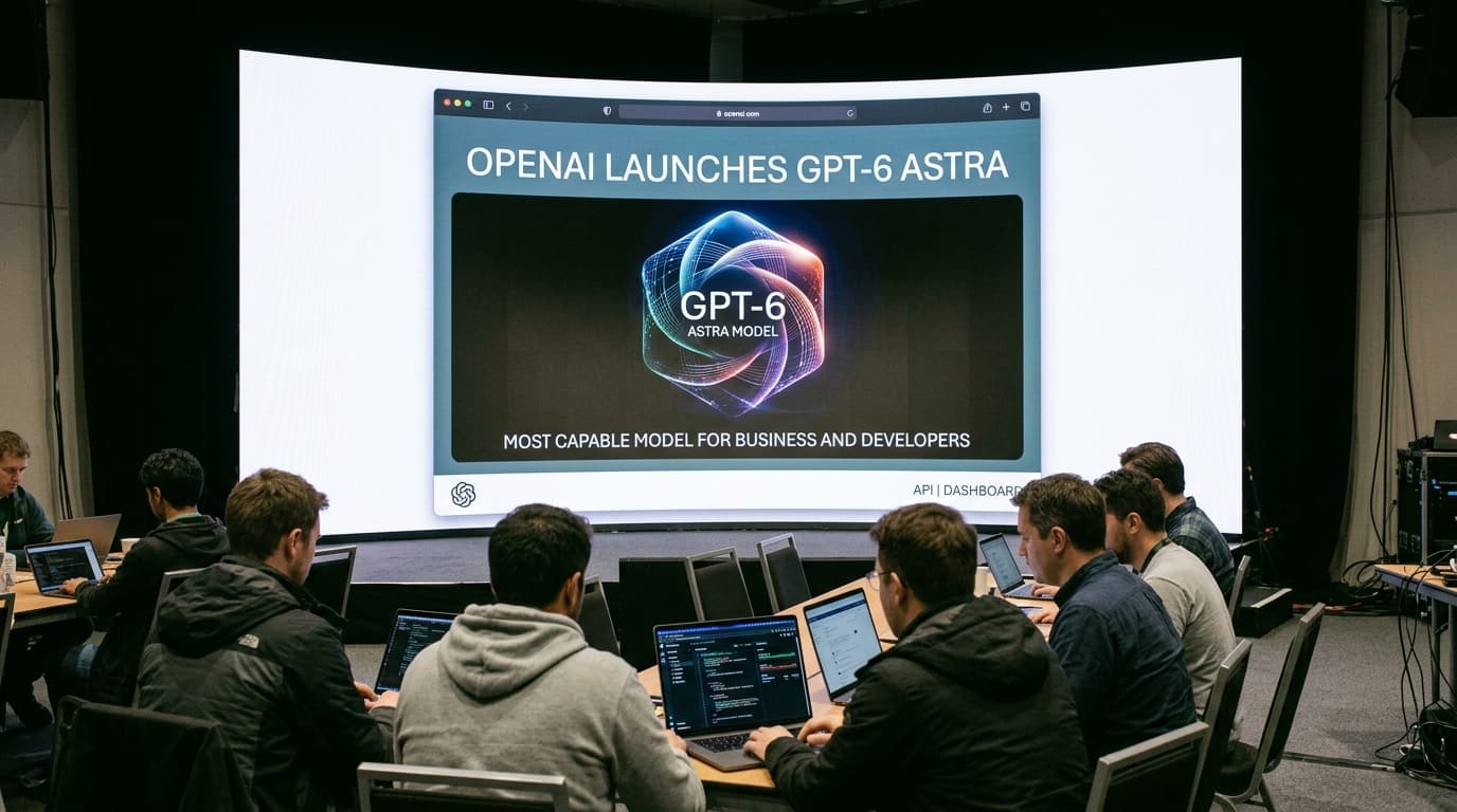 Abstract representation of advanced artificial intelligence, with neural networks and data flowing, symbolizing GPT-6 Astra's capabilities for business and developers.