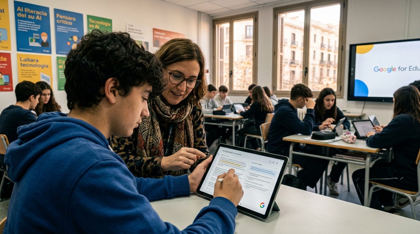 Students and teachers interacting with AI tools in a modern educational setting.