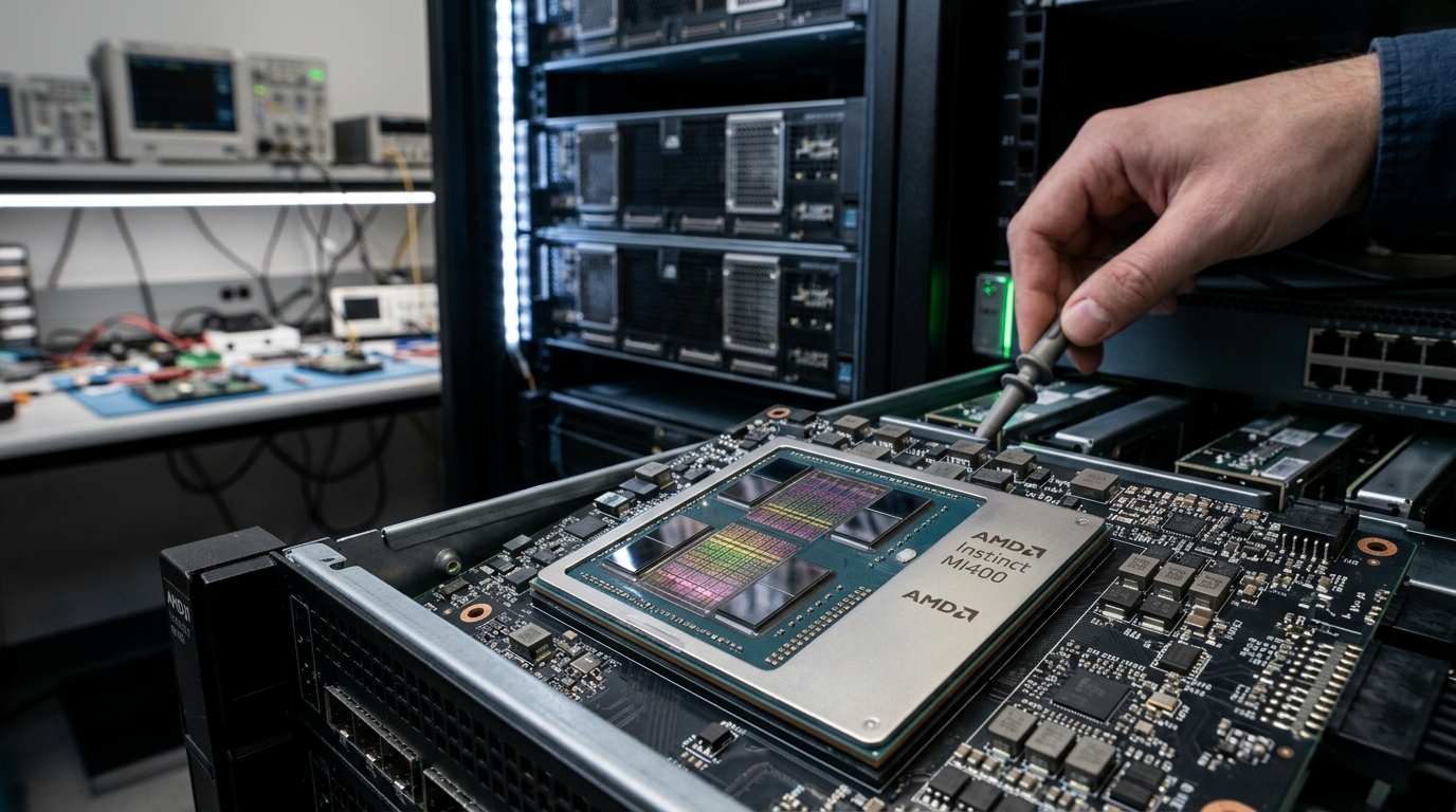 Vista en primer plano de una tarjeta aceleradora GPU AMD Instinct Serie MI400, destacando sus componentes avanzados y diseño intrincado.