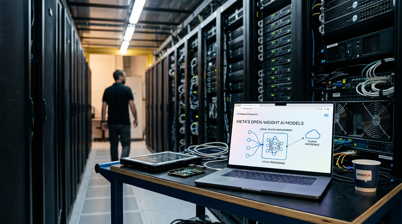 Representación abstracta de modelos de IA ejecutándose en varios dispositivos locales, como portátiles, teléfonos inteligentes y dispositivos de borde, conectados por una red de flujo de datos.