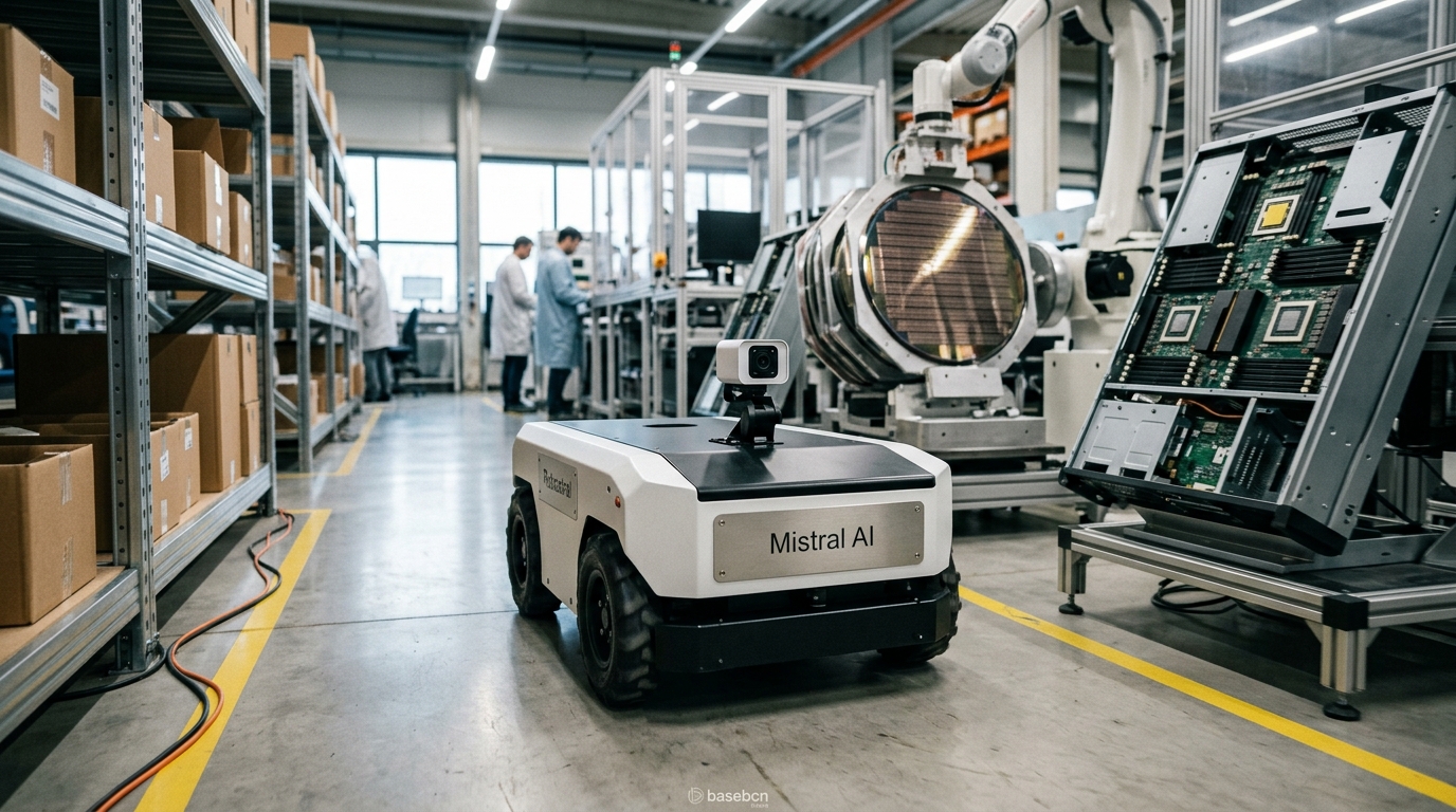 An autonomous robot navigating a complex environment using only a single RGB camera, showcasing Mistral AI's technology.