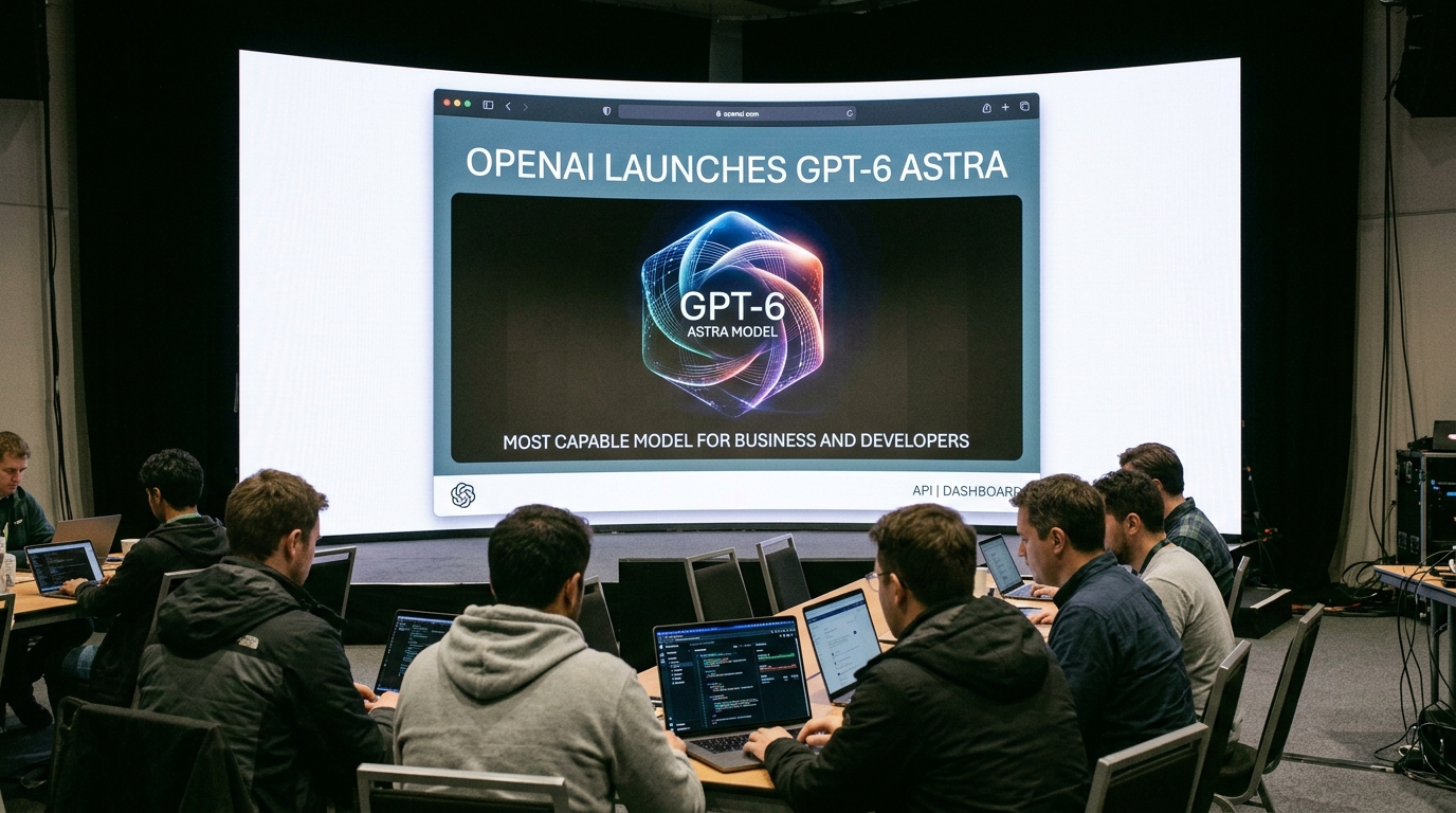 Abstract representation of advanced artificial intelligence, with neural networks and data flowing, symbolizing GPT-6 Astra's capabilities for business and developers.