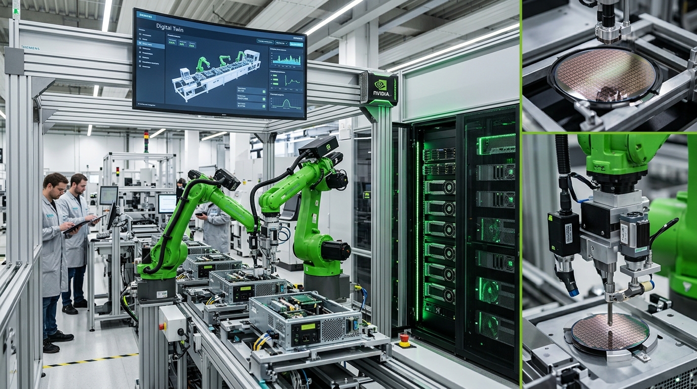 Depiction of a smart factory with robots and AI systems in operation, symbolizing adaptive manufacturing.