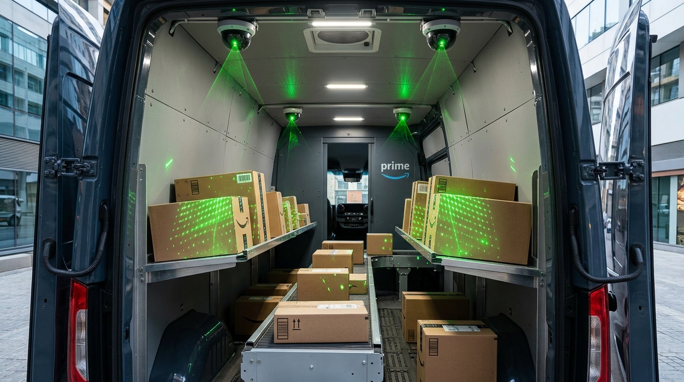 Electric delivery van equipped with computer vision sensors and green light projection on packages